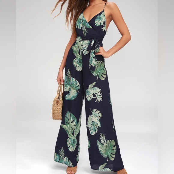 Lulus Pants - LULUS Give Me A Tropical Navy Blue Tropical Print Backless Jumpsuit, Siz…